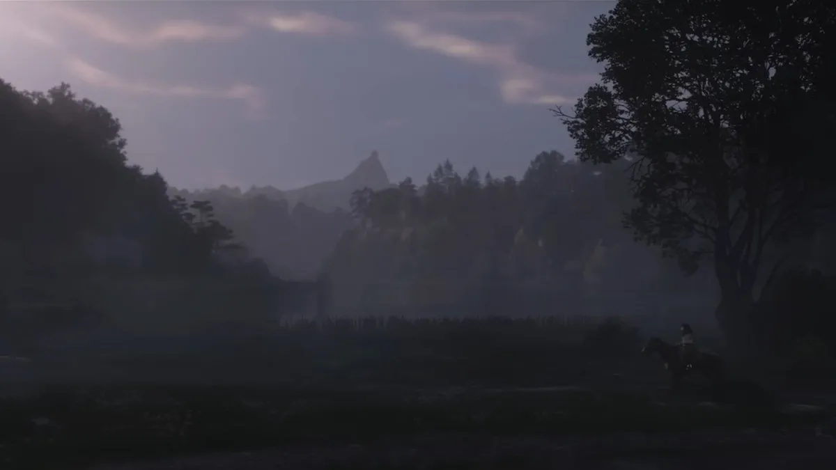 Forest establishing shot with character riding a horse entering on the right side of the screen in Kingdom Come Deliverance 2 trailer