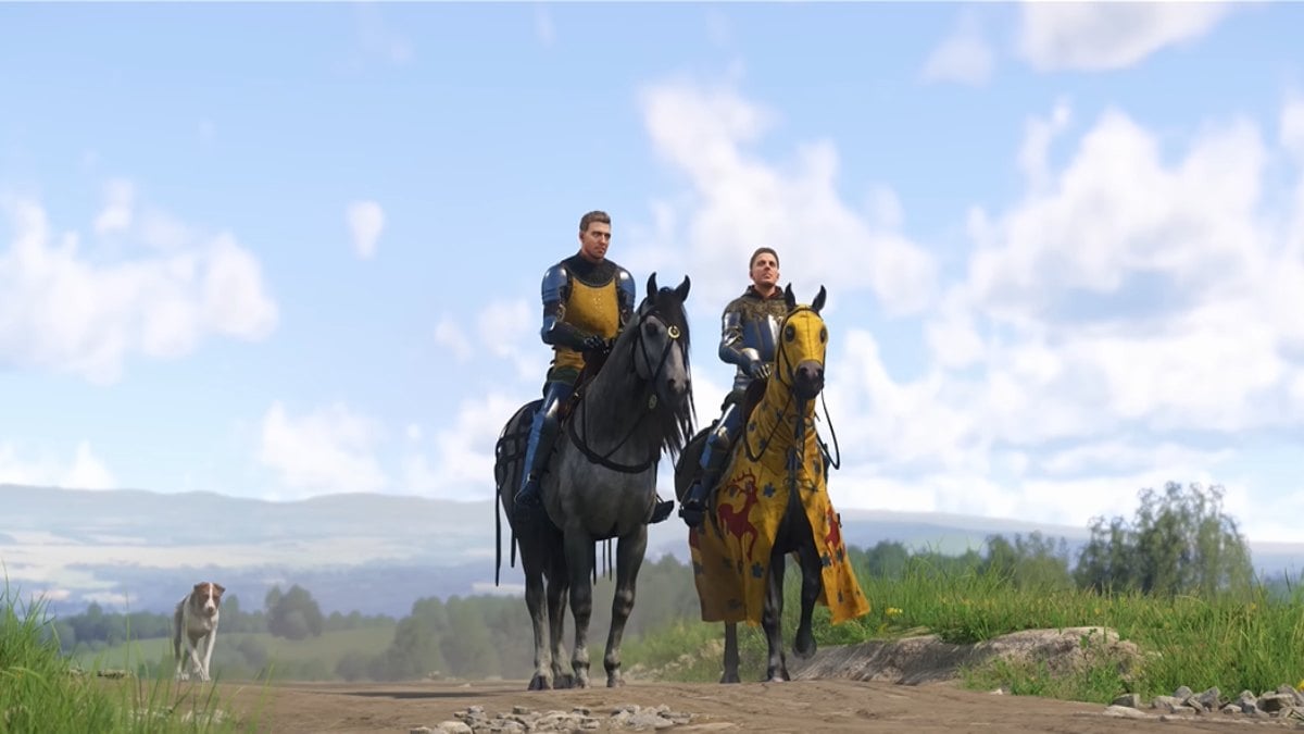 Henry on horse next to brother and their dog, approaching village in Kingdom Come Deliverance 2 trailer