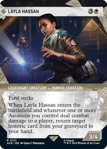 Layla sneaking through building with flashlight in Assassin's Creed MTG set