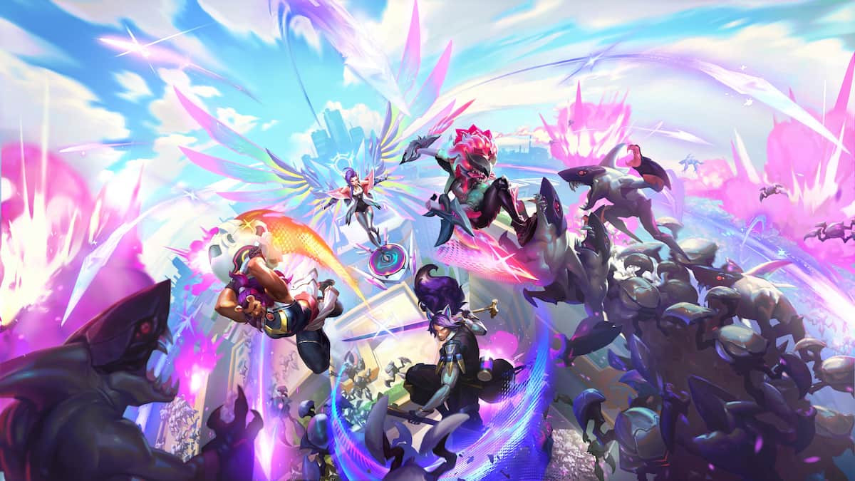League of Legends art showing champions fighting the villains in the upcoming Swarm PvE mode.
