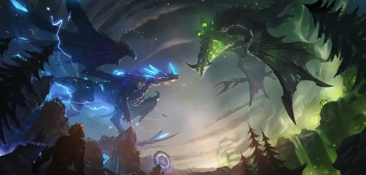 League of Legends splash art showing a Hextech and Chemtech dragon fighting each other.