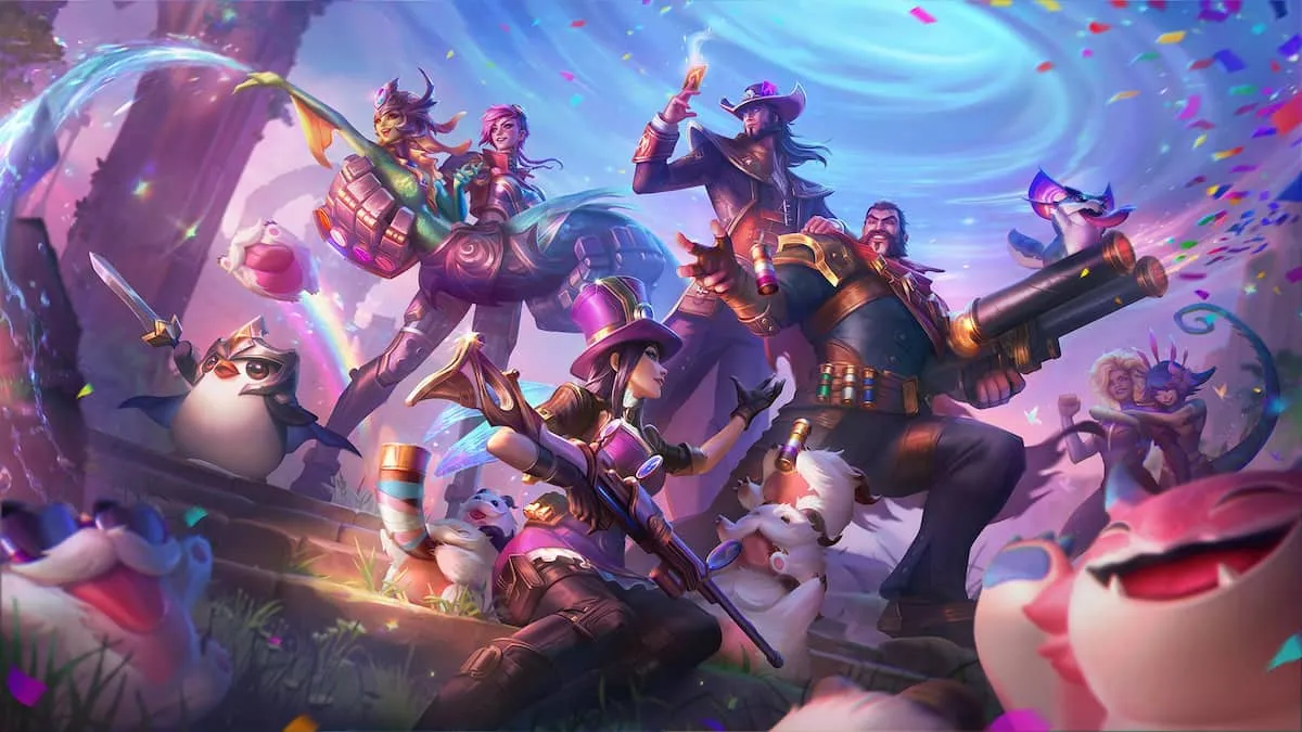 League of Legends splash art in honor of Pride month, showcasing Graves, Twisted Fate, Vi, Caitlyn, and more.