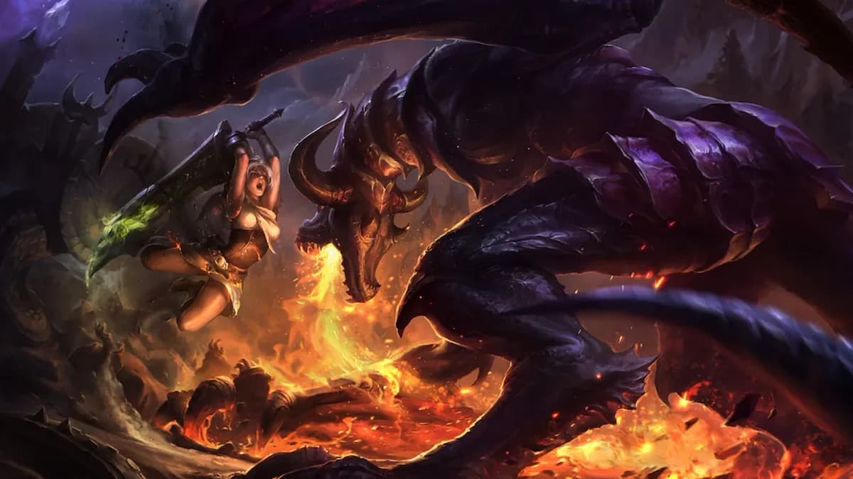 League of Legends champ Riven jumping into battle against a fire-breathing creature.