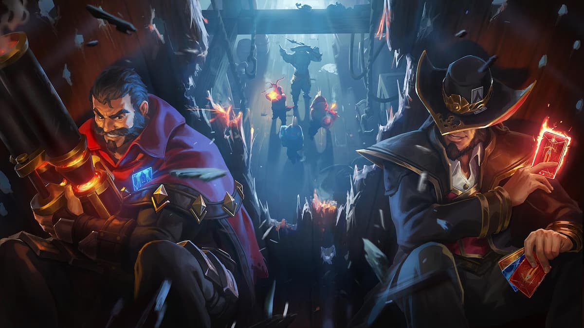 League of Legends champions Twisted Fate and Graves preparing to engage in battle against unsuspecting foes.