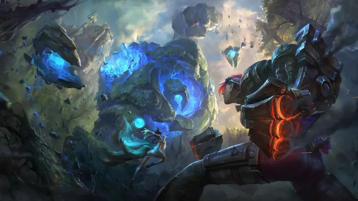 League of Legends image showing Vi preparing to engage in combat against a Blue Buff jungle monster.