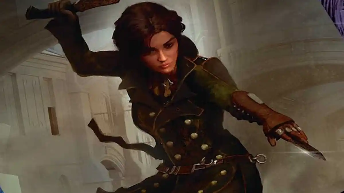 Lydia Frye holding multiple weapons in MTG Assassin's Creed Universes Beyond set