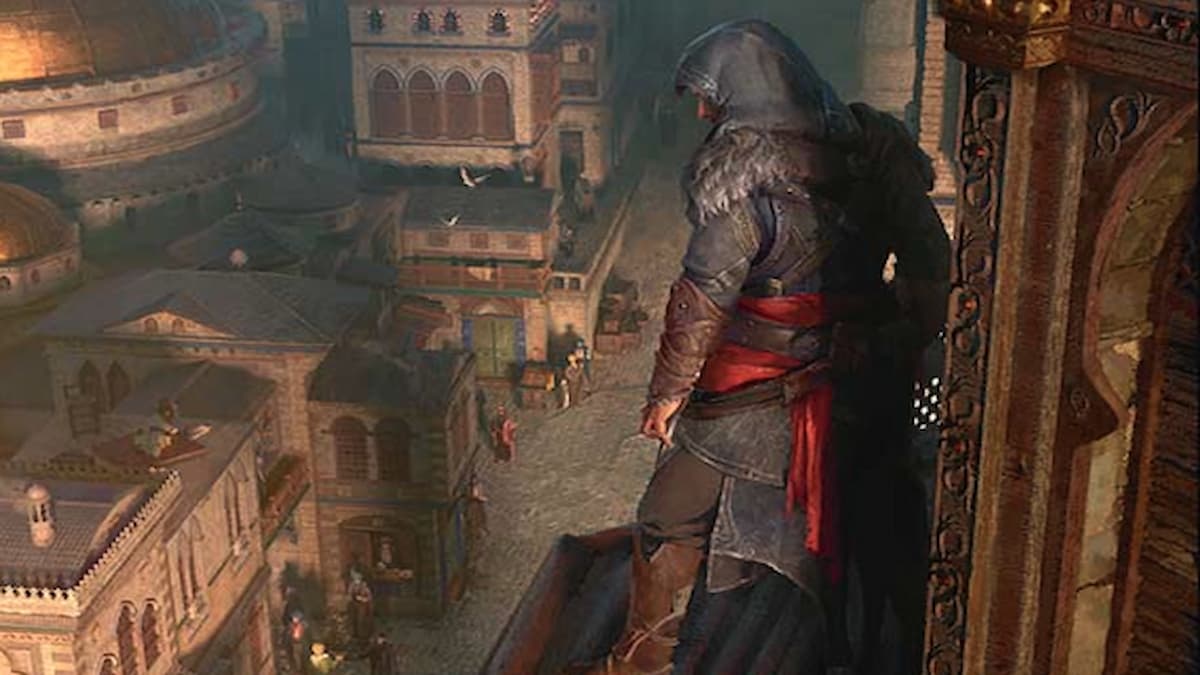 Assassin standing on rooftop over city streets in MTG Assassin's Creed Universes Beyond set