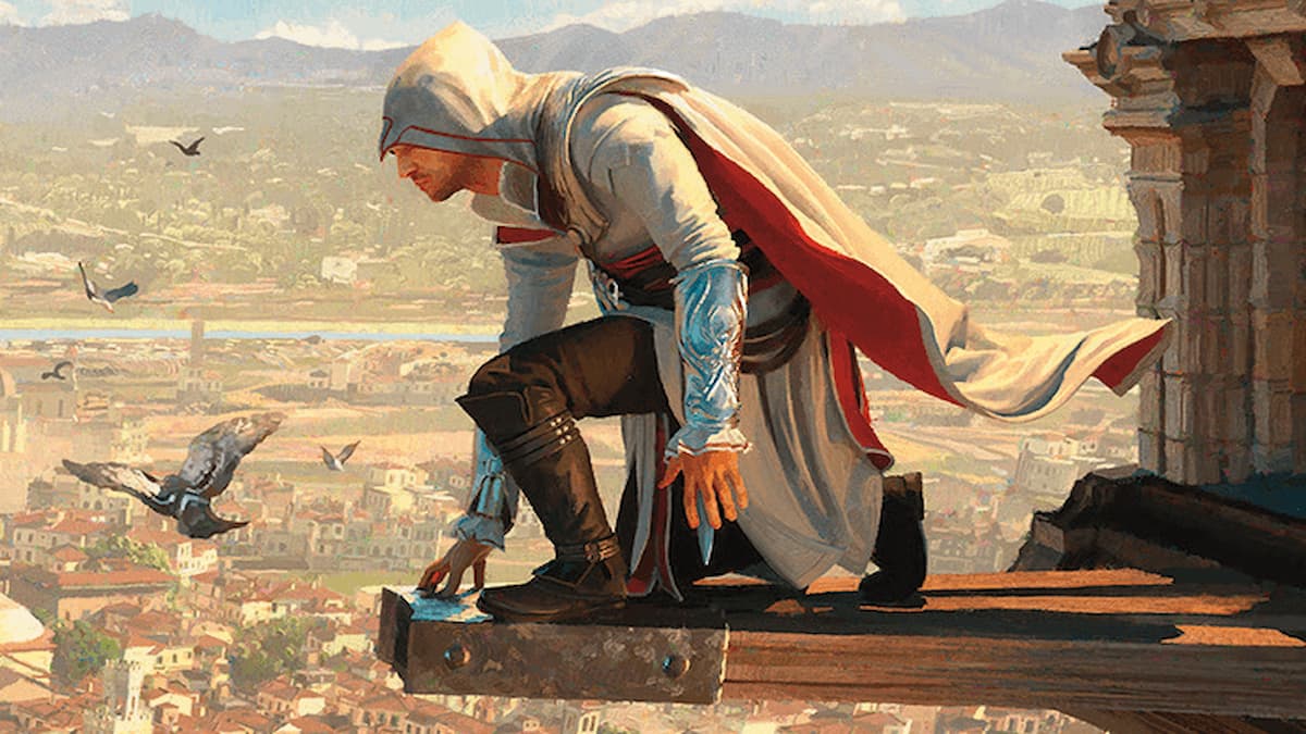 Assassin standing on ledge high above city iwth birds flying nearby in MTG set