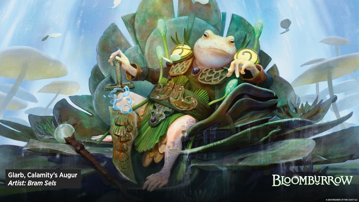 Frog royalty sitting on leaf water throne in Bloomburrow MTG set