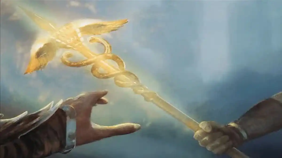 Godly staff being handed from one hand to another in Assassin's Creed MTG set