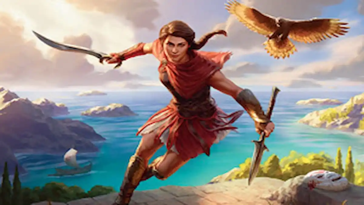 Kassandra holding The Spear of Leonidas while attacking in MTG
