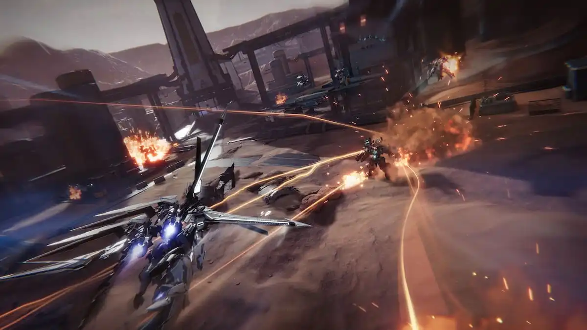 Two mechas fight in Mecha BREAK, with a heavier mech shooting a barrage of missiles on a flying robot.