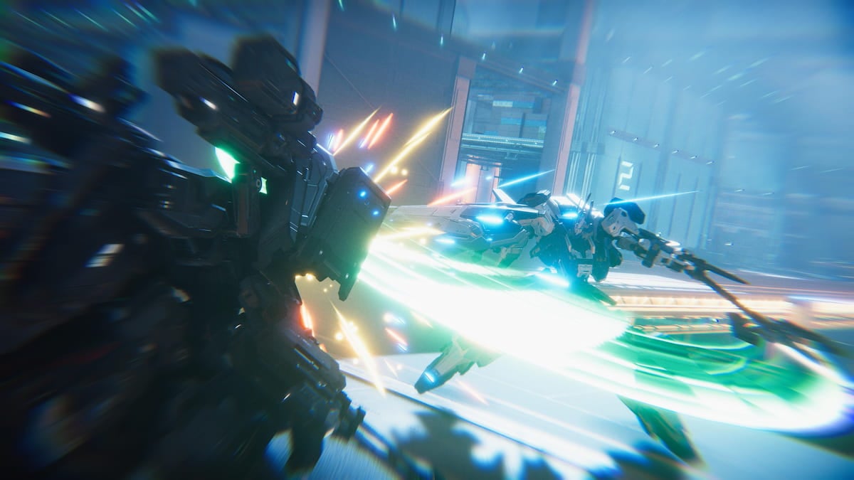 Two mechas face off in Mecha Break, with one using a high-powered sword that leaves a neon-green trail behind it.