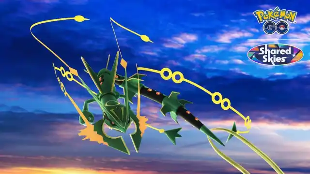 Mega Rayquaza in Elite Raids Shared Skies Pokémon Go, a flying green creature in a bright blue sky background.