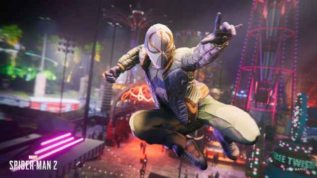 Metro Spider-Man swinging through the city.