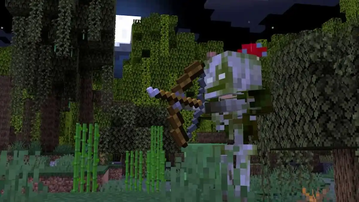 A Bogged Mob in Minecraft aiming a bow.