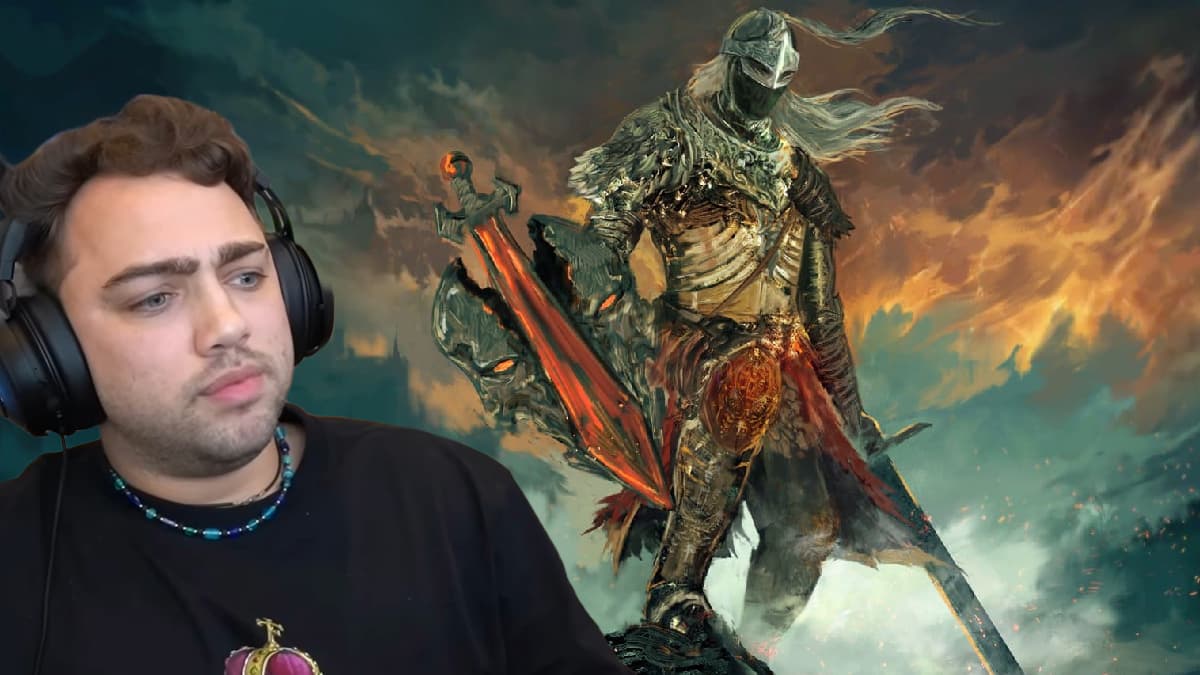 An image that showcases an Elden Ring soldier in armor and Mizkif while he is streaming.