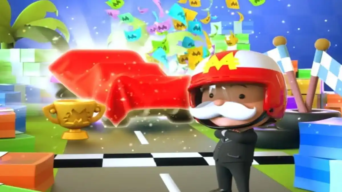 Mr. Monopoly standing in front of red card on race track in Monopoly GO