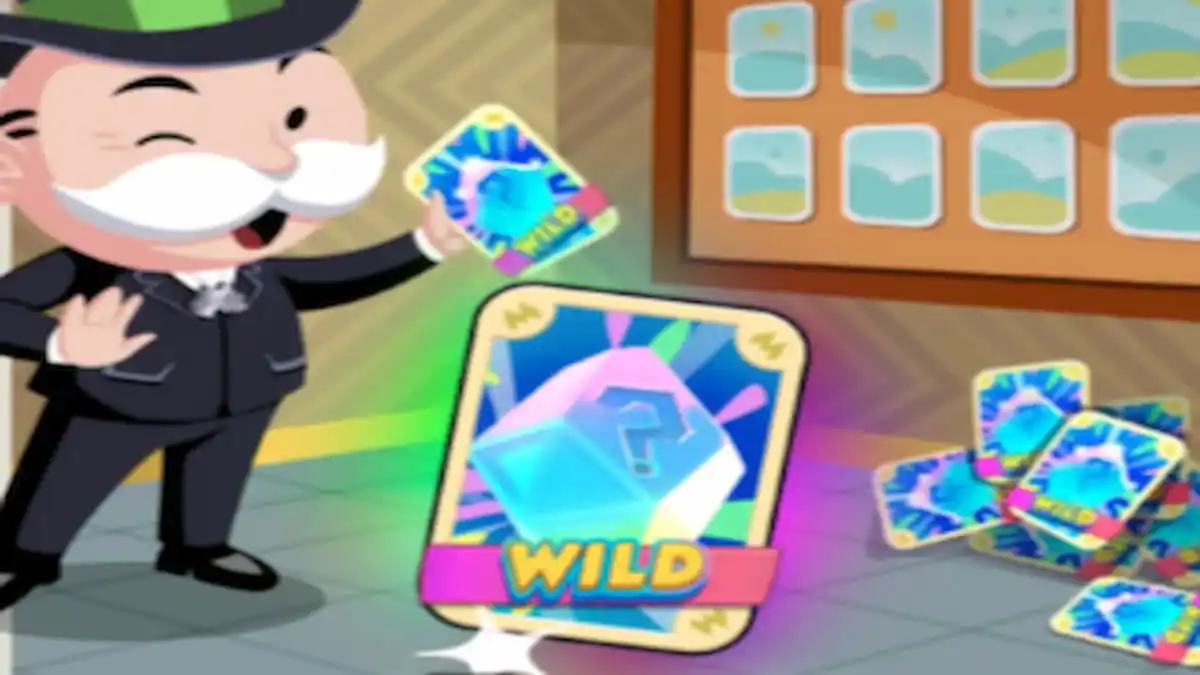 Mr. Monopoly holiding a Wild Sticker in Monopoly GO