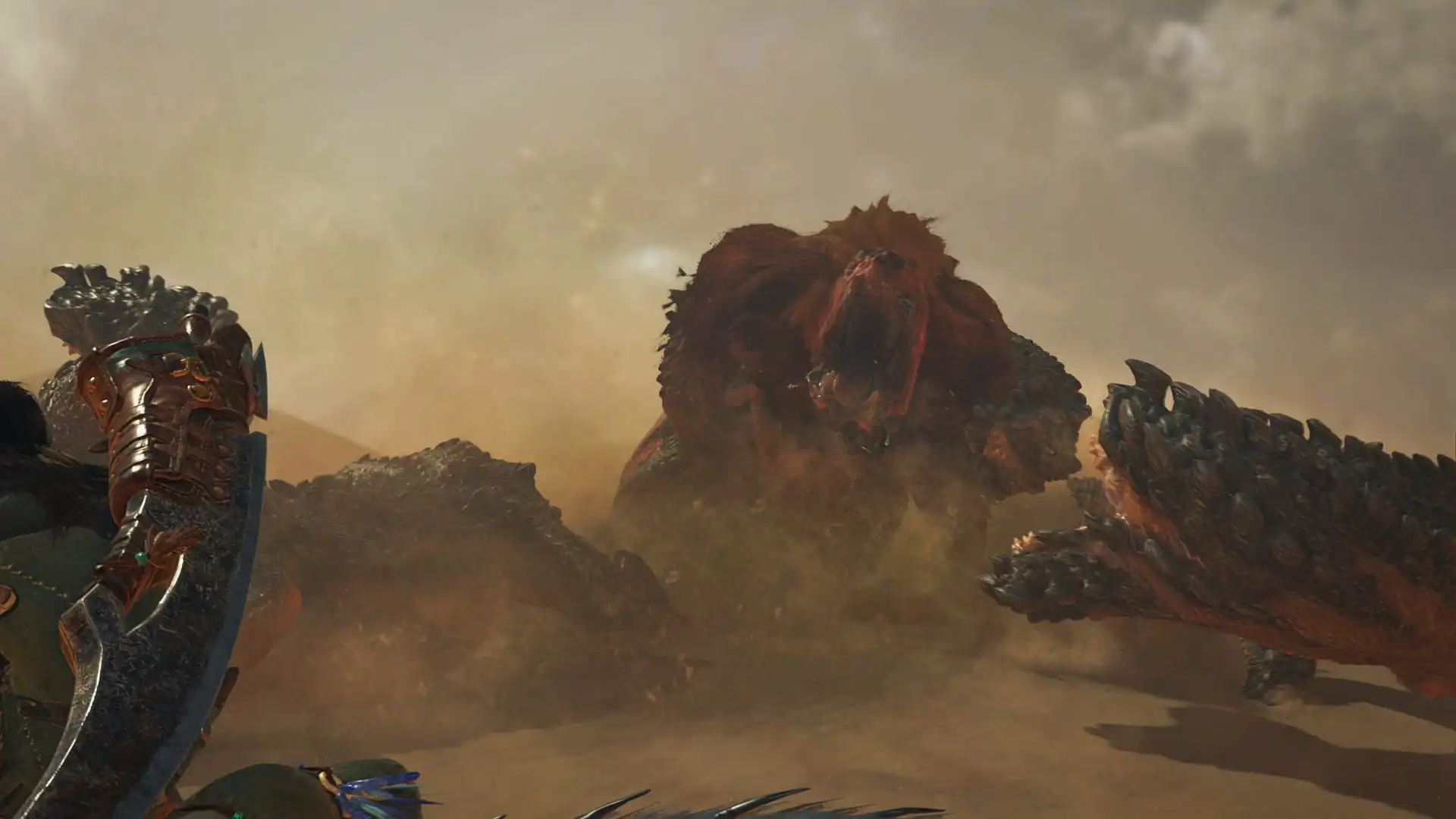 A large monster roars as it fights multiple Balahara.