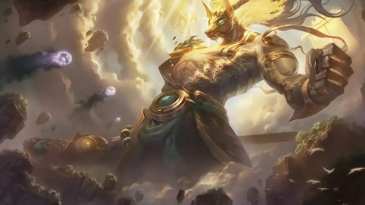 Nasus looking at mountains from above.