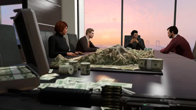 an image of a few people sitting in an Executive Office next to piles of cash in GTA Online