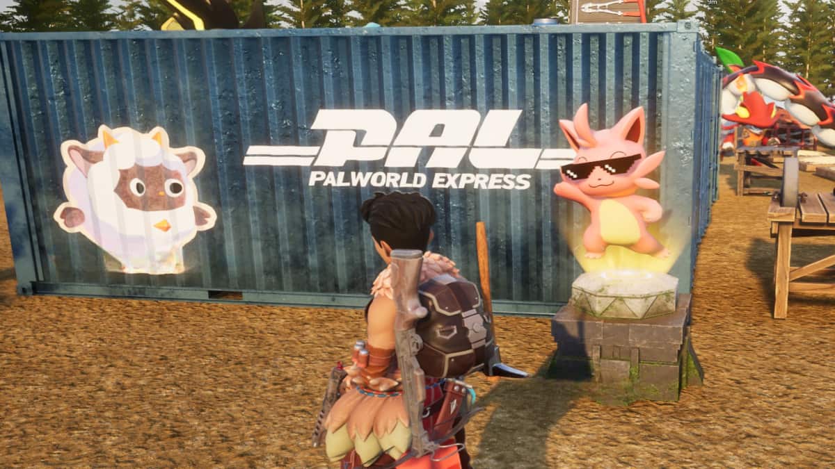 A player in Palworld stood in front of the Pal Dressing Facility.
