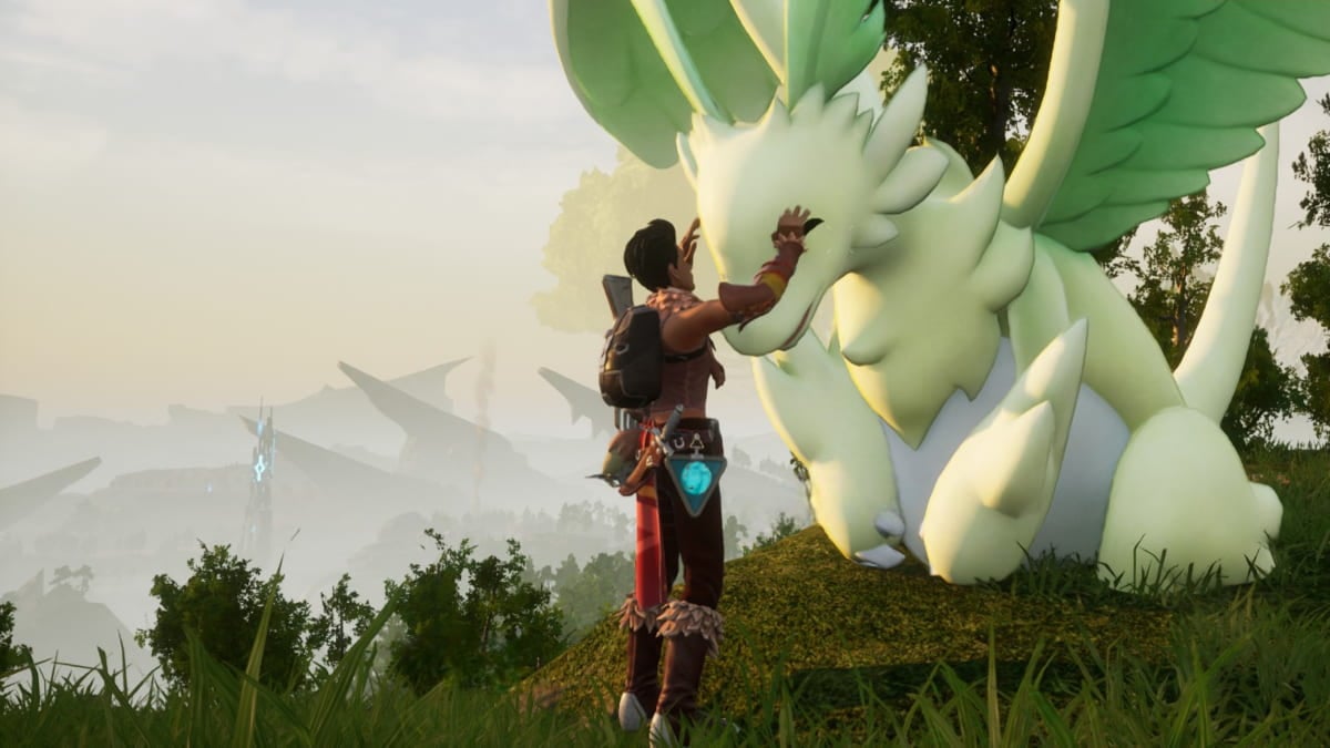 A player in Palworld petting Quivern Botan.