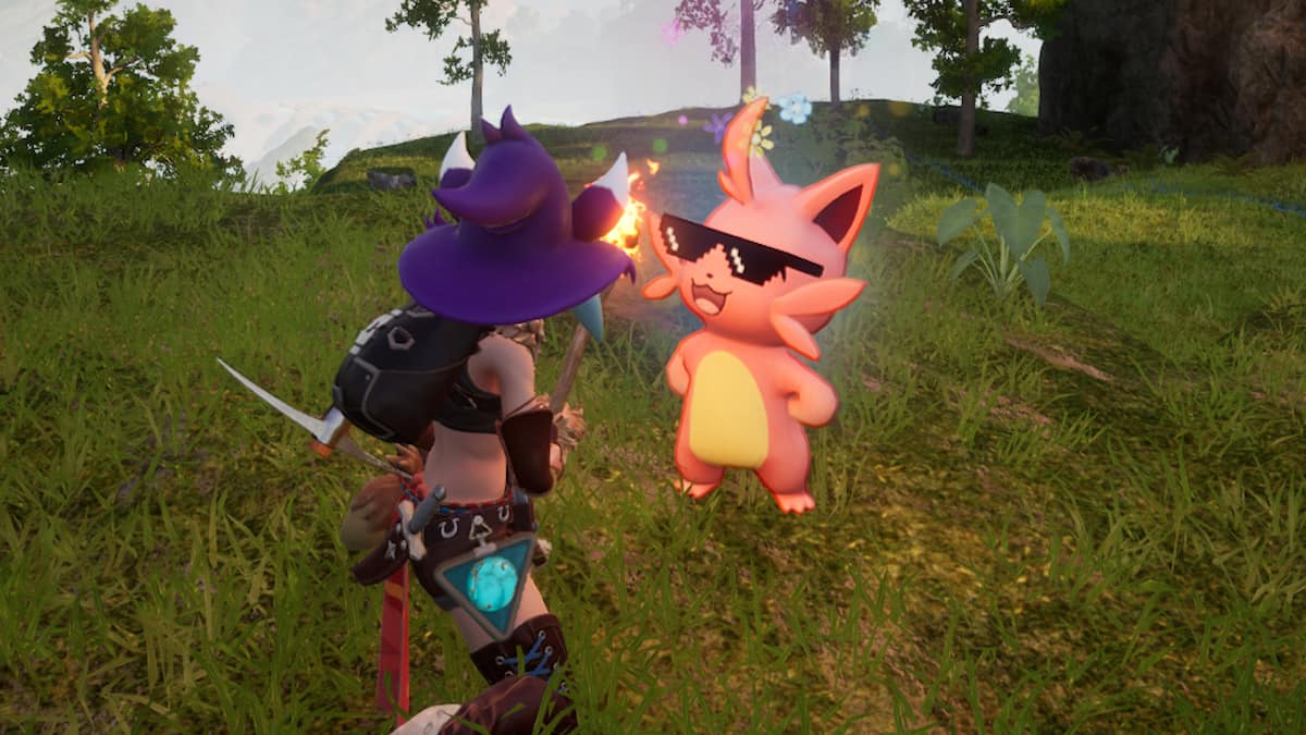 Picture of Sunglasses Cattiva skin smiling while getting petting from a player in Palworld.