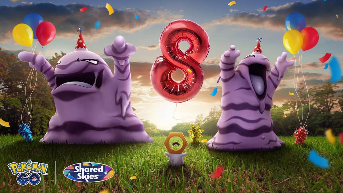 Party Hat Grimer and Muk celebrating Pokémon Go's 8th anniversary.