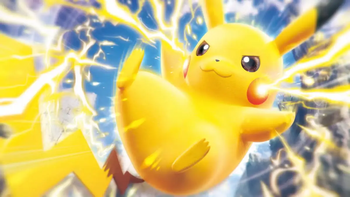 Pikachu using an Electric attack in Pokémon TCG art.