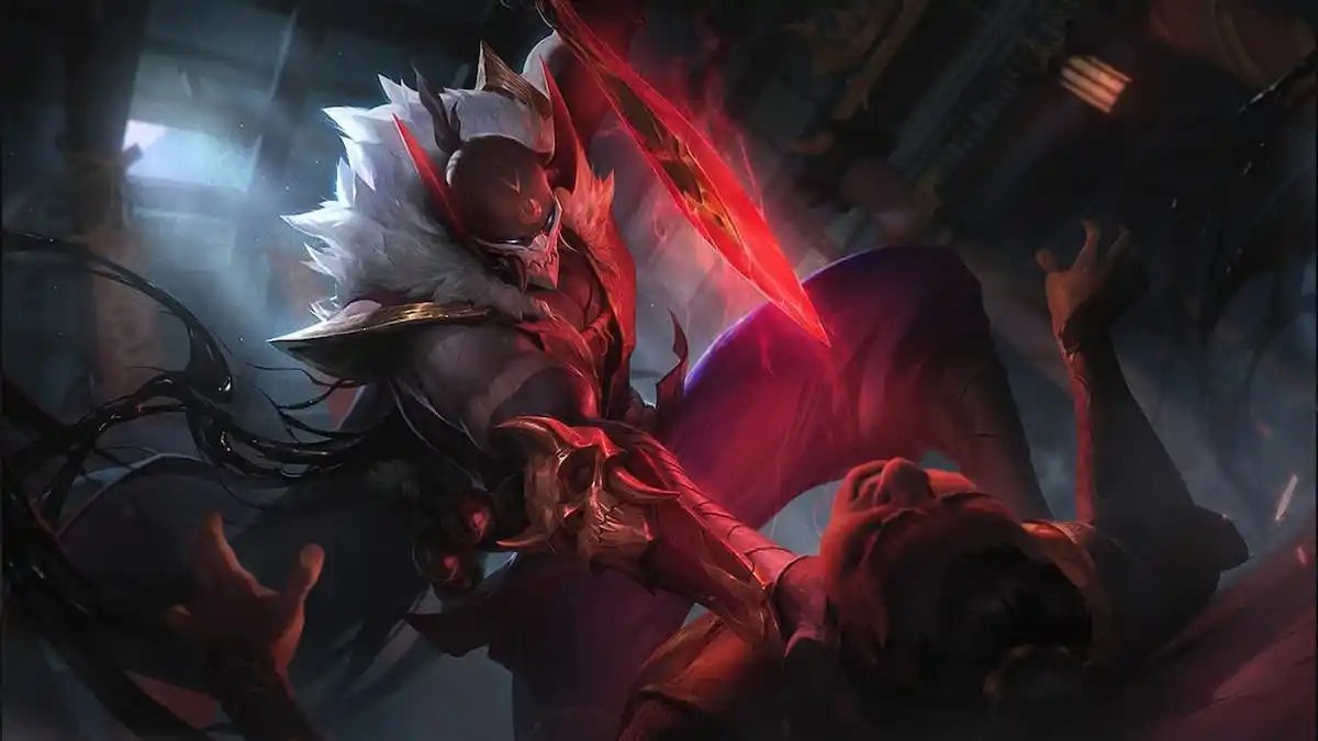 Pyke holding a human hostage with his blade pointing towards them.