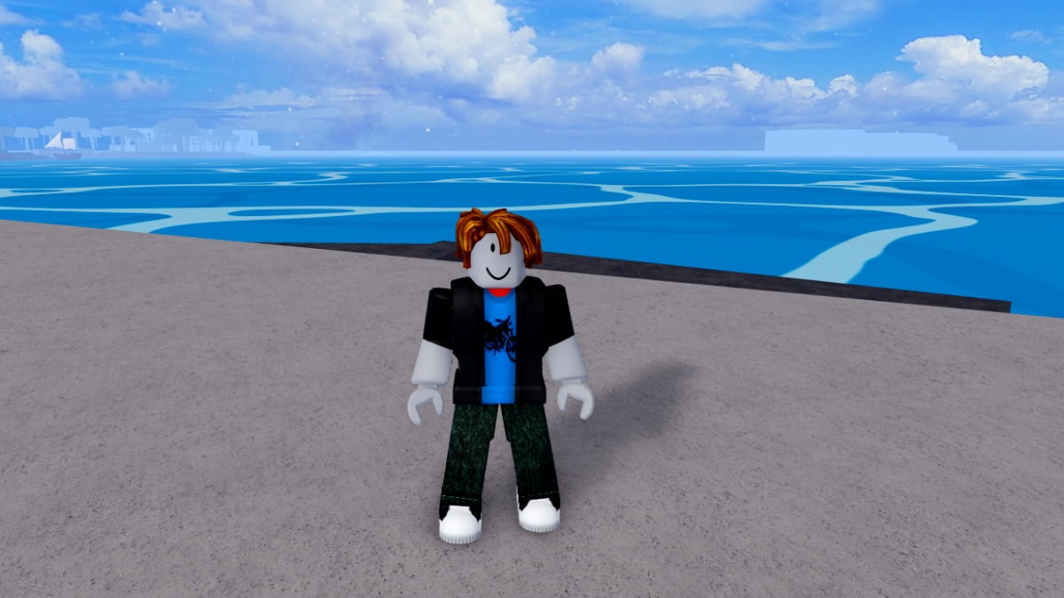 A player stood by the sea in Blox Fruits.