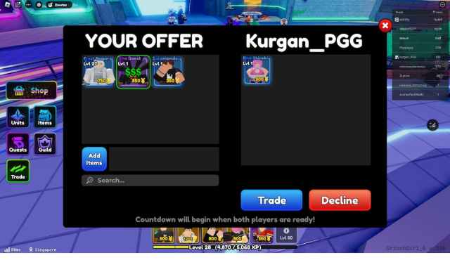 A trade window in Anime Defenders where players are trading units