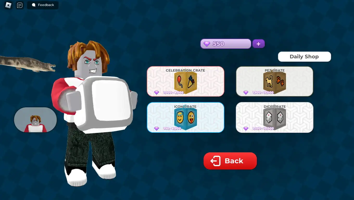 Roblox Party player carrying a dice in the shop.