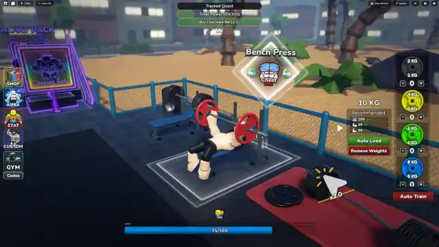 Roblox Gym League character is bench pressing