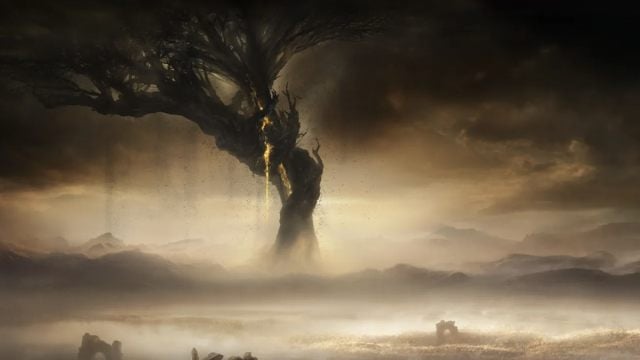 A looming dark shadow of a twisted tree in a shrouded veil across a barren landscape.