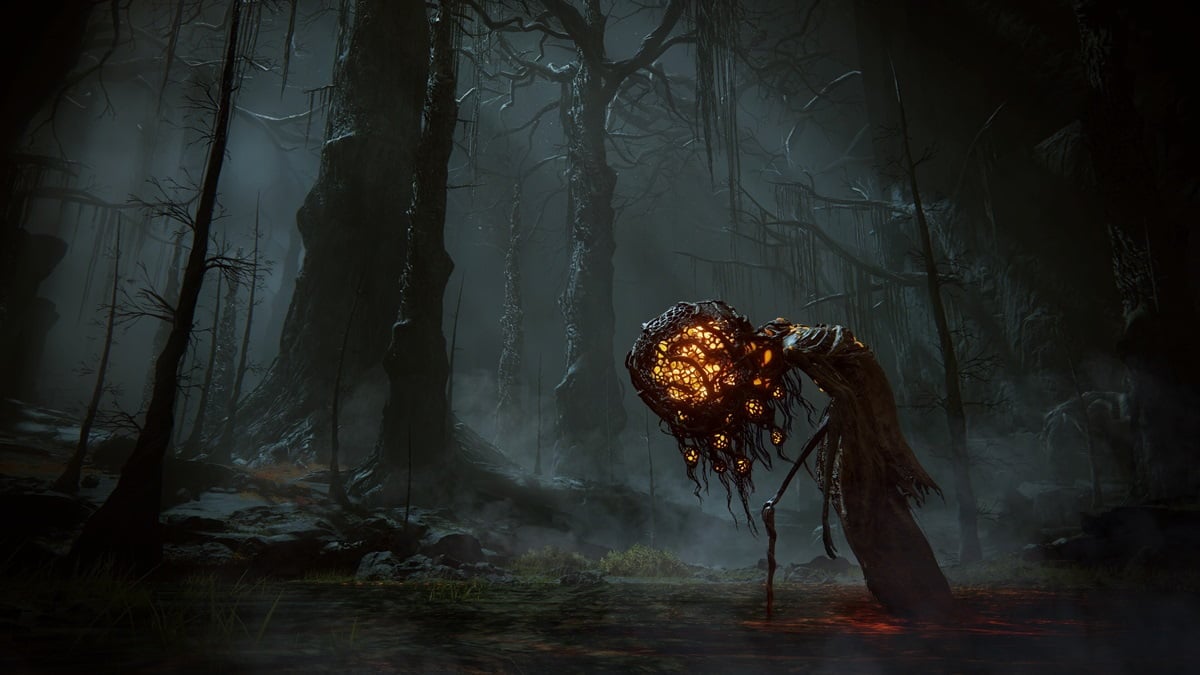 A figure carries a grotesque, glowing mass in a dark forest.