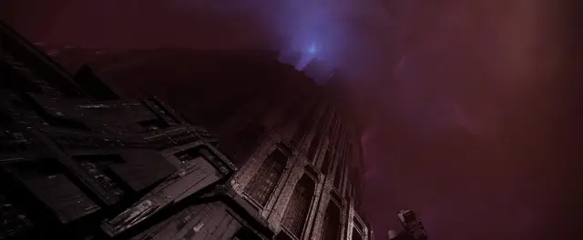 An intro cutscene for the Salvation's Edge raid, which shows the Witness' monolith seen from below.