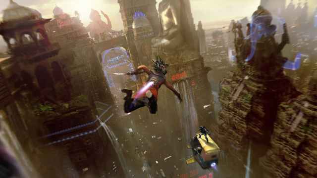 A Beyond Good and Evil 2 character jumps towards a flying car above a massive city.