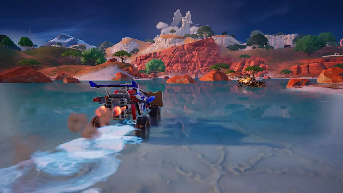 Nitro-infused vehicle running on the water in Fortnite.