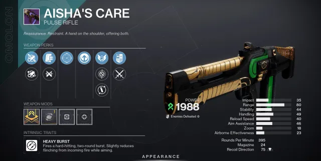 Aisha's Care, a pulse rifle from Destiny 2.