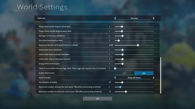 Screenshot of the settings in Palworld