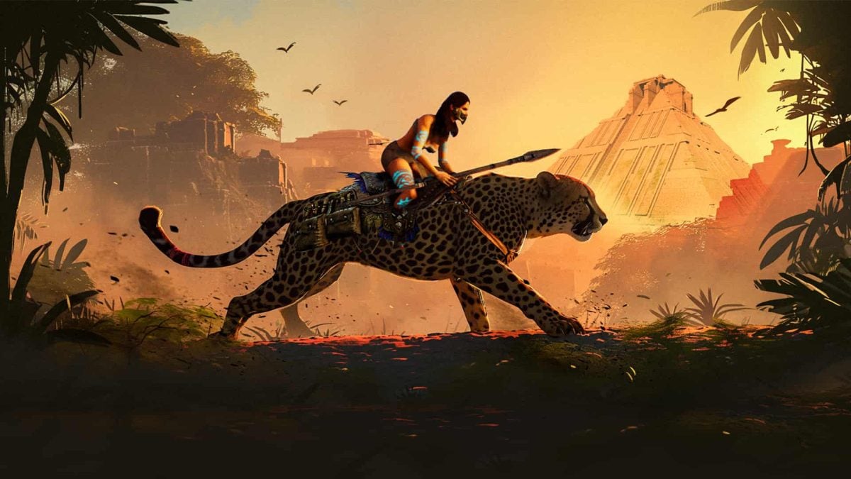 Tribe member riding a cheetah in the jungle in Soulmask.