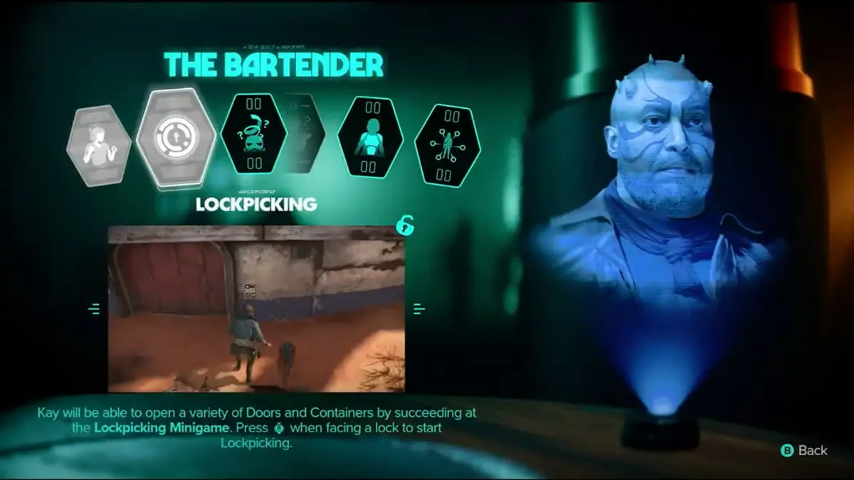 An image from Star Wars Outlaws of the Expert Bartender's menu, where you can learn specific abilities.