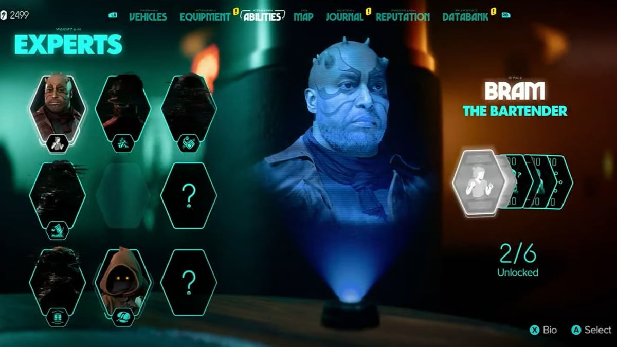 An image from Star Wars Outlaws of the Experts Screen, which is filled with several NPCs you can recruit to aid you on your journey and upgrade your abilities.