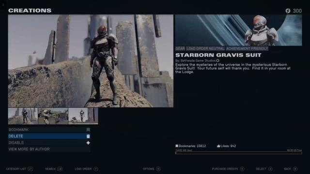 The Creations page for the Starborn Gravis Suit in Starfield.