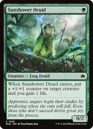 Frog casting a spell for rain in Bloomburrow MTG set