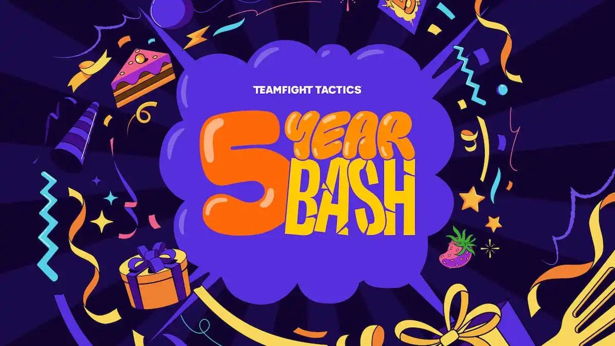 TFT 5-year Bash banner with birthday cake, streamers, presents, and hats