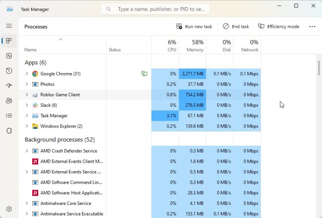 Task Manager with Roblox running in the background among other tasks